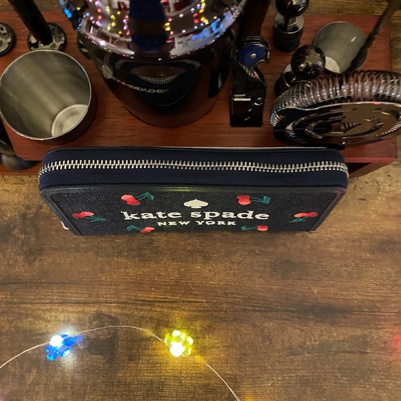 Kate Spade NWT blue multi colored embroidered denim cherry long wallet $135 - Picture 7 of 11